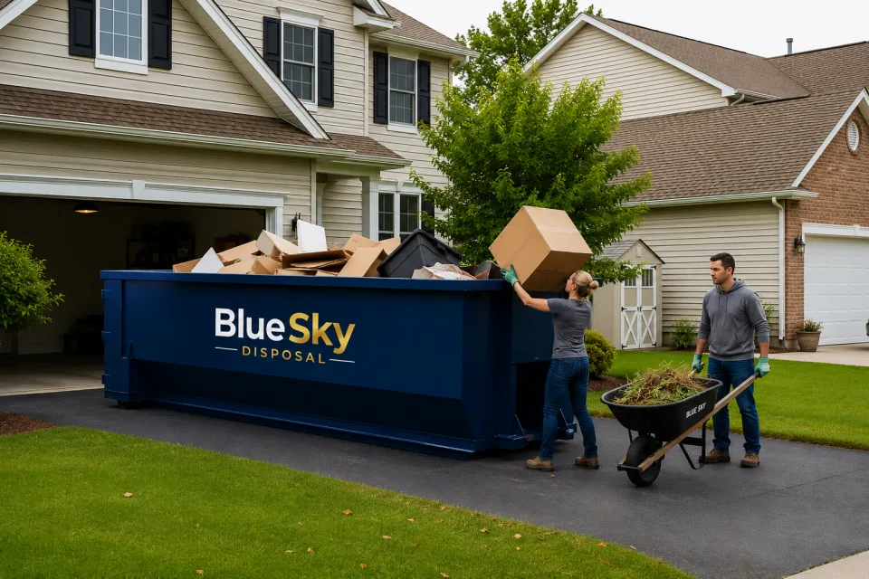 Blue Sky Disposal roll-off dumpster on a residential driveway in front of a house, being loaded with cardboard boxes