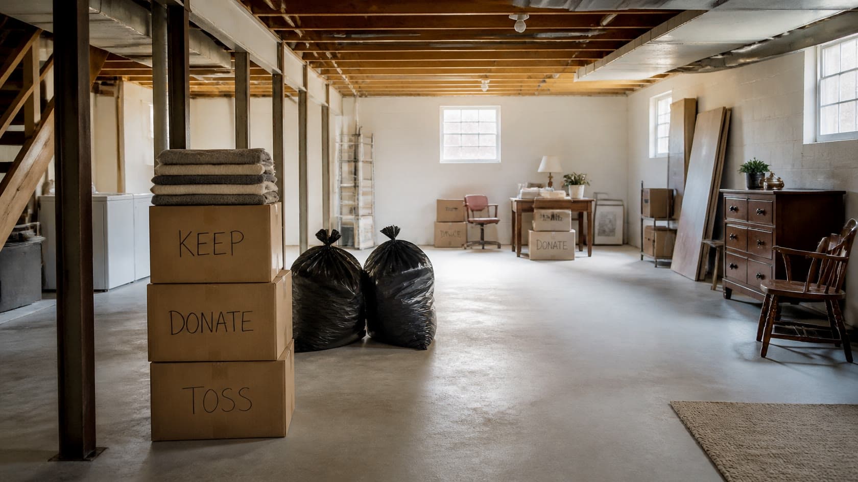 Bright, half-cleared Michigan basement with labeled boxes sorted into keep, donate and toss piles