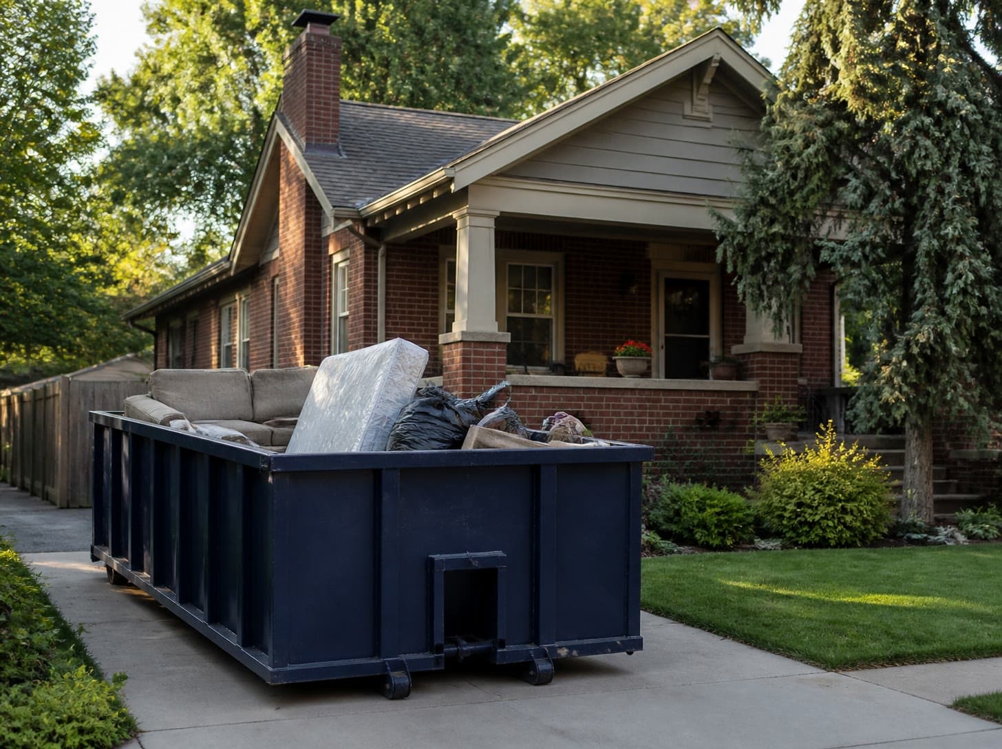 Navy blue roll-off dumpster resting on wooden boards on a suburban Michigan driveway