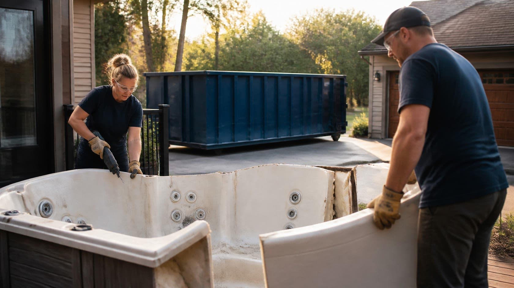 Homeowners cutting apart an old hot tub on a backyard deck next to a navy blue roll-off dumpster