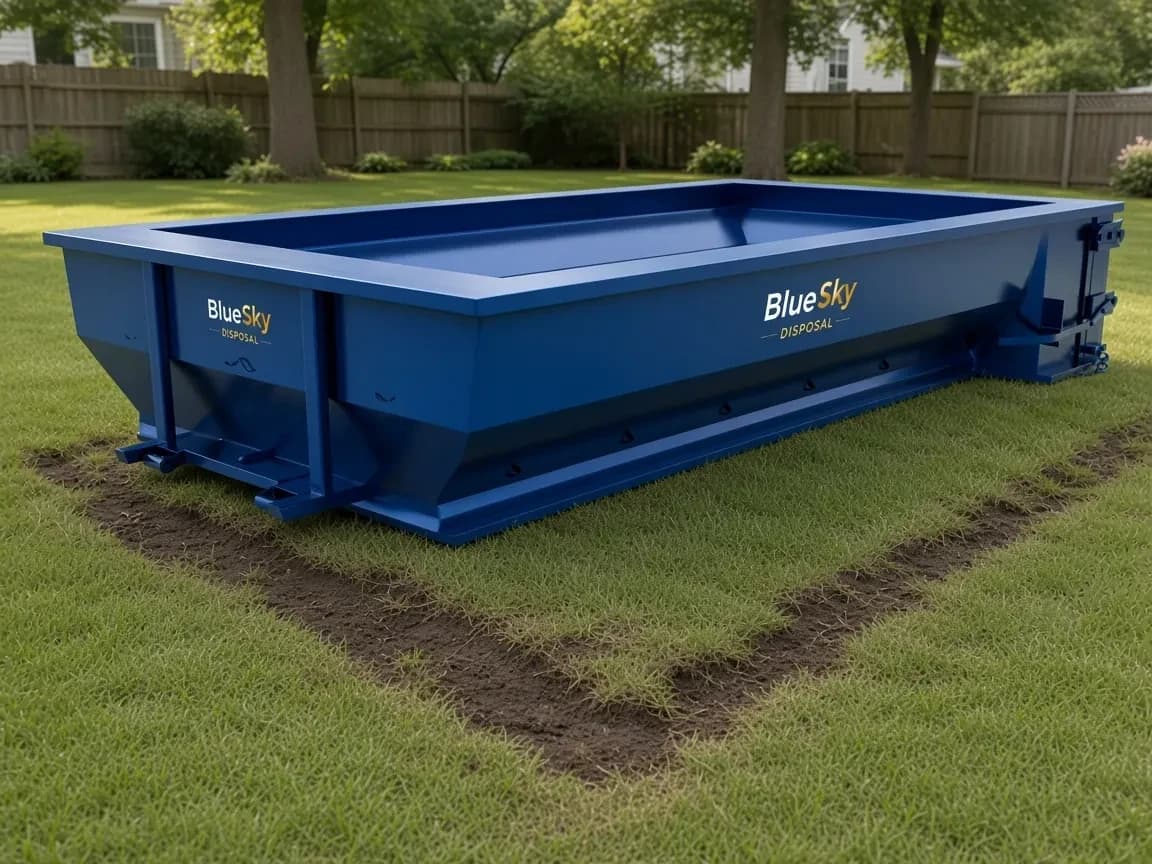 Heavy open-top roll-off on a lawn showing compressed grass at the steel contact points