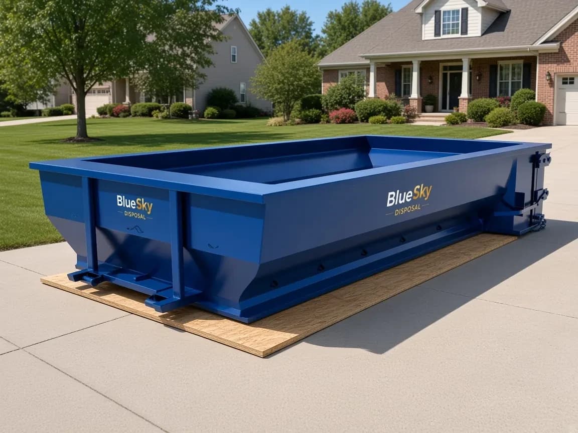 Open-top roll-off on a hard driveway with plywood under the steel contact points