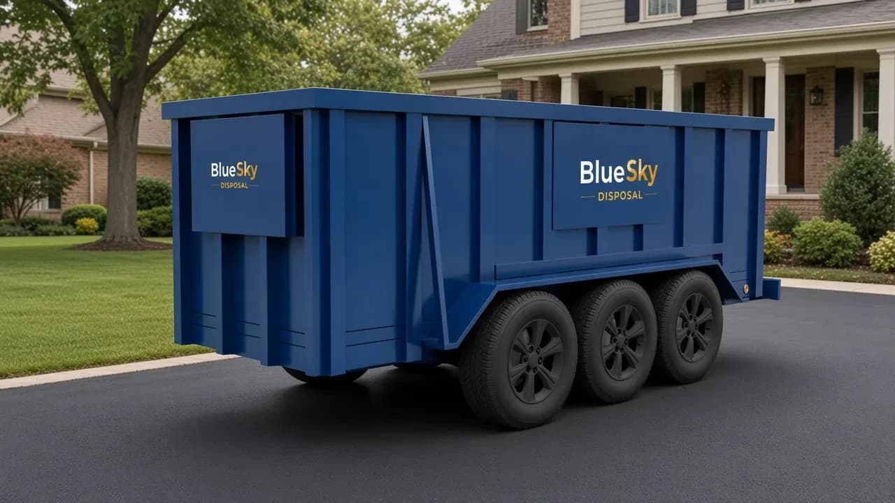 Rubber-wheeled dumpster trailer on a clean residential asphalt driveway, tires contacting the pavement