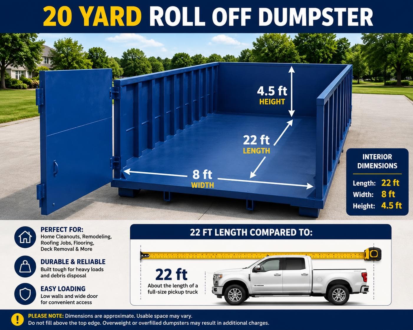 Current live 20-yard roll-off dimension diagram