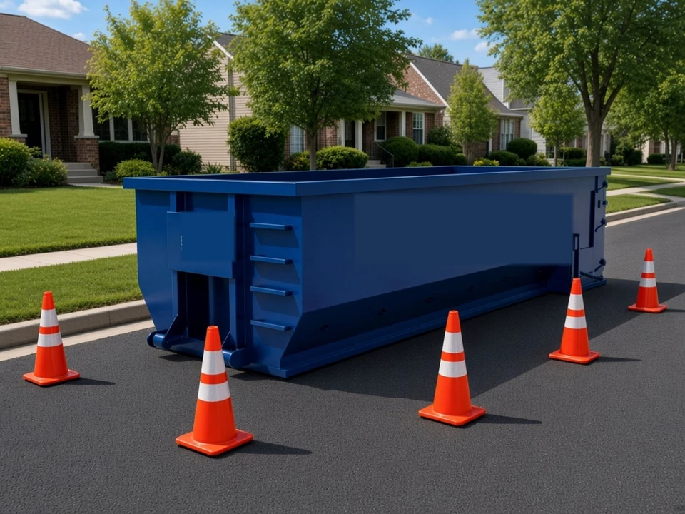 Roll-off dumpster placed entirely on a residential asphalt street, parallel to the curb, with orange safety cones around it